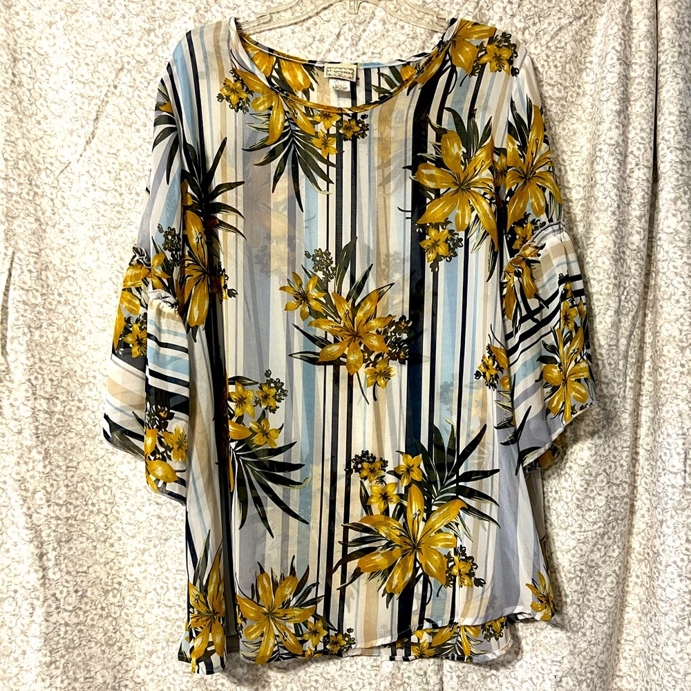 Sheer Blue and White Striped Tunic with Yellow Florals